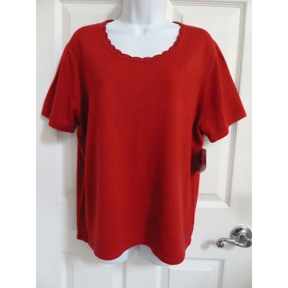 Sag Harbor Women XL Short Sleeve Pullover Sweater Red Beaded Neckline NWT